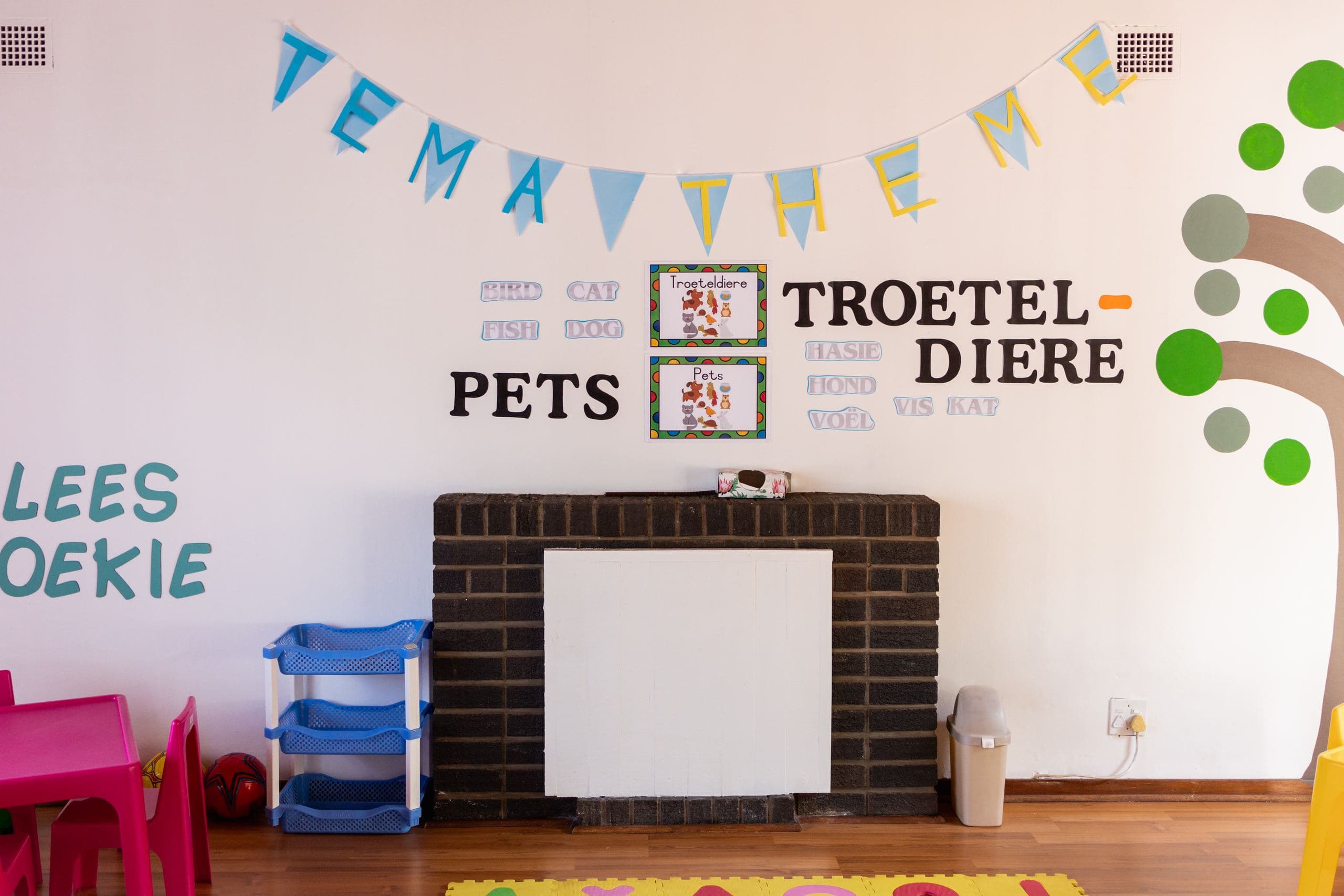 Classroom wall display for the bilingual ‘Pets / Troeteldiere’ theme, above a painted brick storage nook